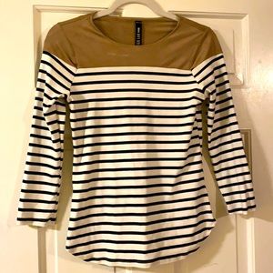 Design lab 3/4 striped shirt w/ faux suede arm patches